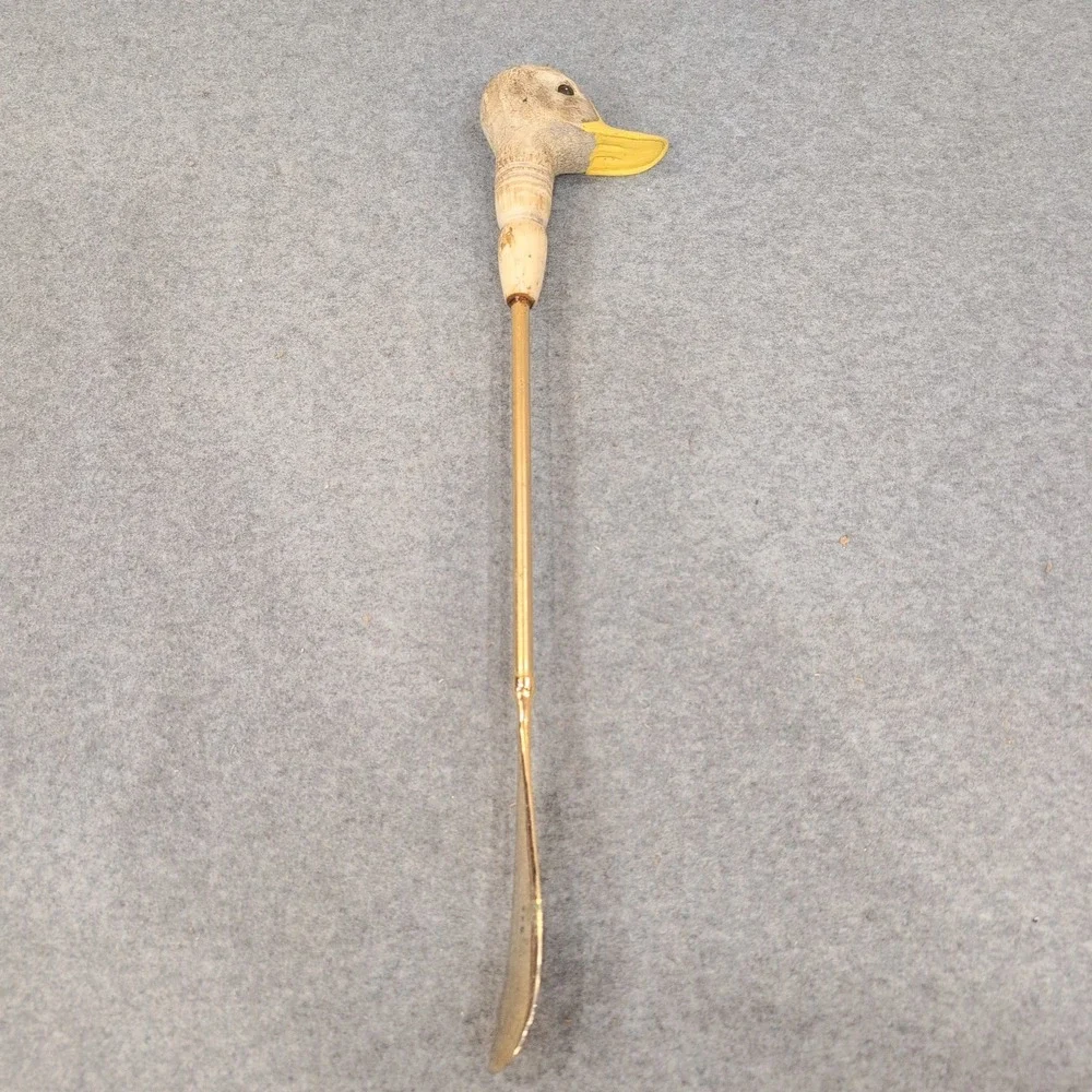 Vintage Style Duck Head Long Handle Shoe Horn Gold Tone Metal Dressing Aid